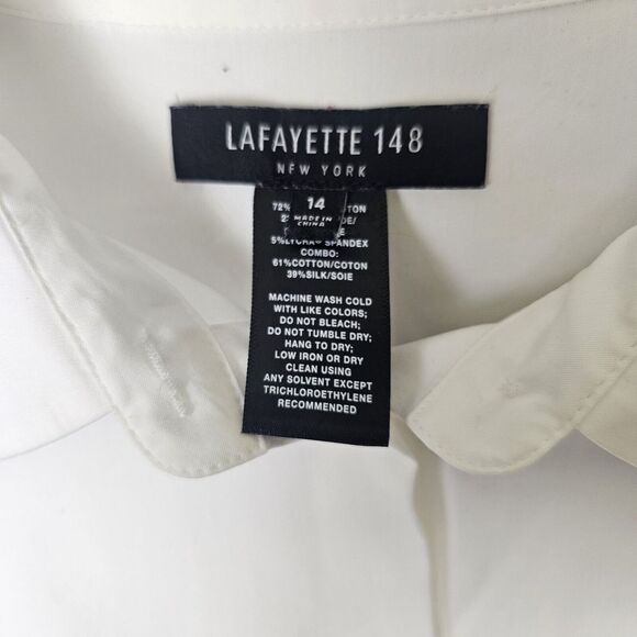 Lafayette 148‎ Sz 14 White Button Up Shirt Cotton Silk Stretch Long Sleeve Sheer - Picture 3 of 6
